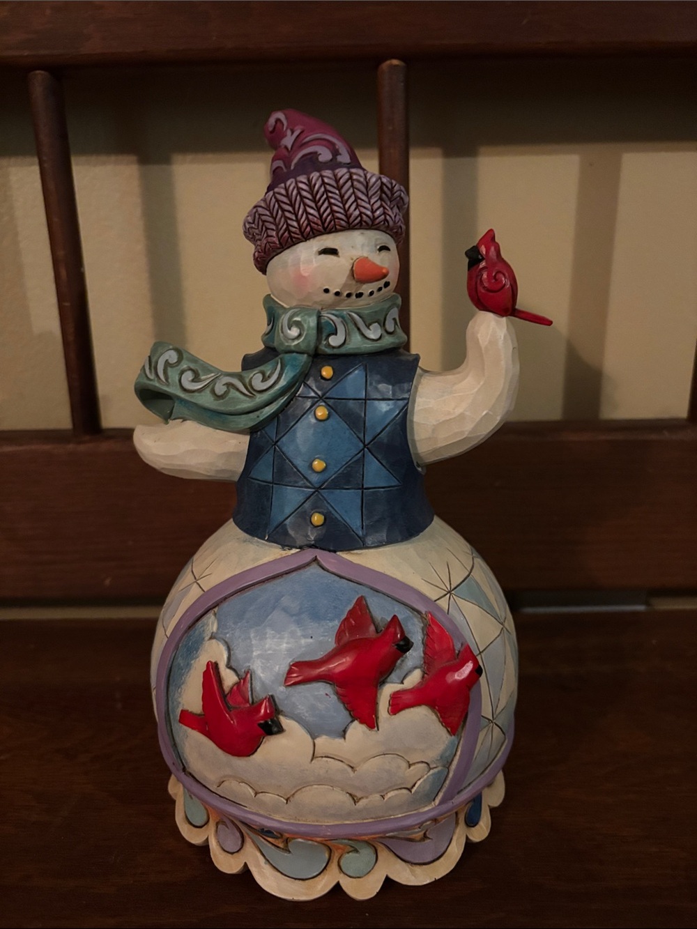 Jim Shore Blue & White Snowman Figurine with Red Cardinals